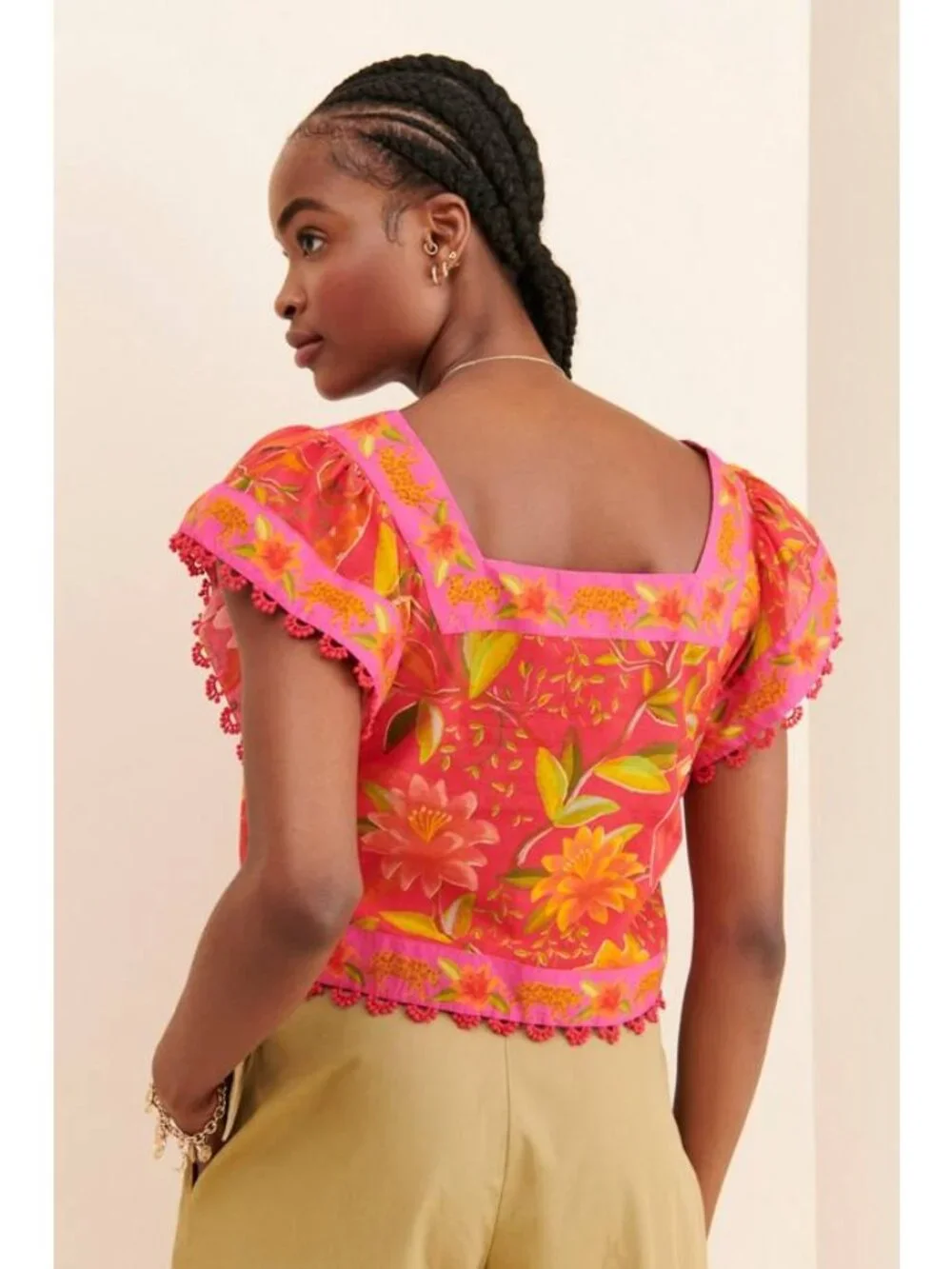 Farm Rio Tropical Print Puff Sleeve Crop Top Pink S